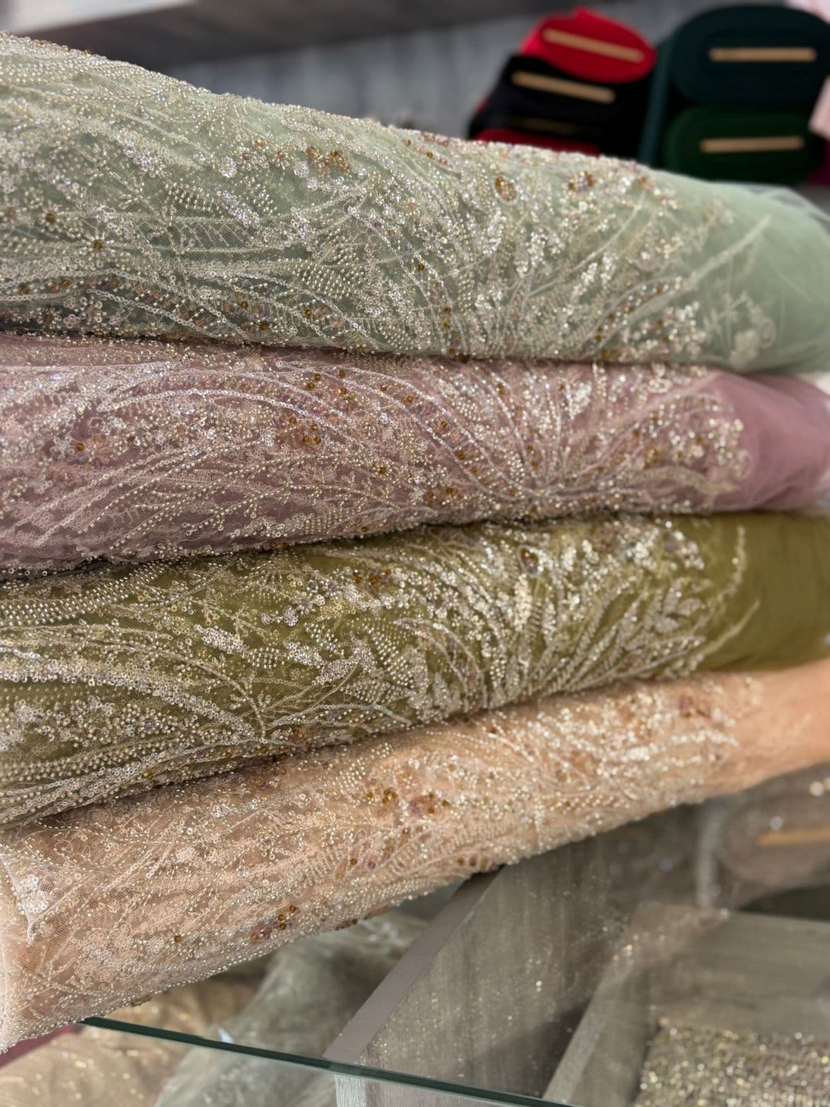 Floral Beaded Lace Fabric image